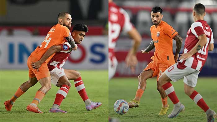 Pemain Borneo FC, Diego Michiels (kiri) dan Stefano Lilipaly, berjuang menghadapi hadangan pemain-pemain Persis Solo. Borneo FC kalah 2-1 dalam laga tandang di Stadion Manahan ini.