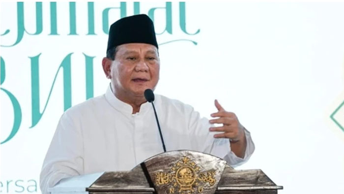 Prabowo Subianto saat memberikan sambutan di acara Halal bi Halal PBNU, Minggu 28 April 2024 di Kantor PBNU Jl. Kramat Raya Jakarta.