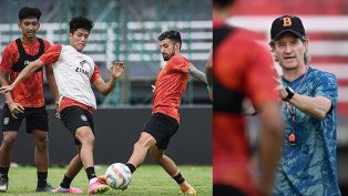 Persiapan skuad Borneo FC jelang pertandingan menghadapi Persis Solo. Pelatih Pieter Huistra (kanan). (foto: dok. ig borneofc.id)