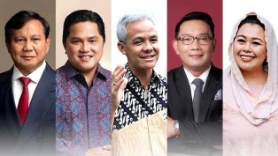 Kiri ke kanan: Prabowo Subianto, Erick Thohir, Ganjar Pranowo, Ridwal Kamil, Yenny Wahid. (foto: istimewa)